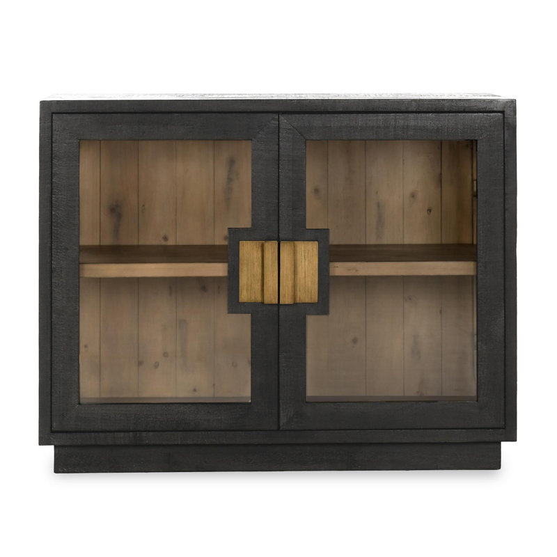 Larson Two-Door Glass Oak Wood Cabinet, Gold, Black