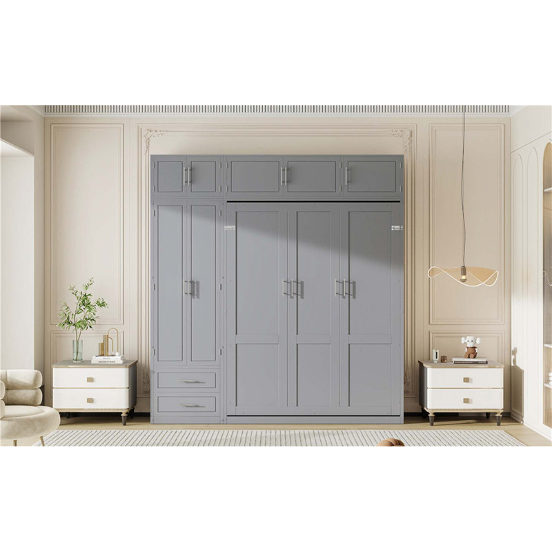 Lit escamotable mural avec armoire supérieure, tablettes et garde-robe, lit pliable peu encombrant, Gris
