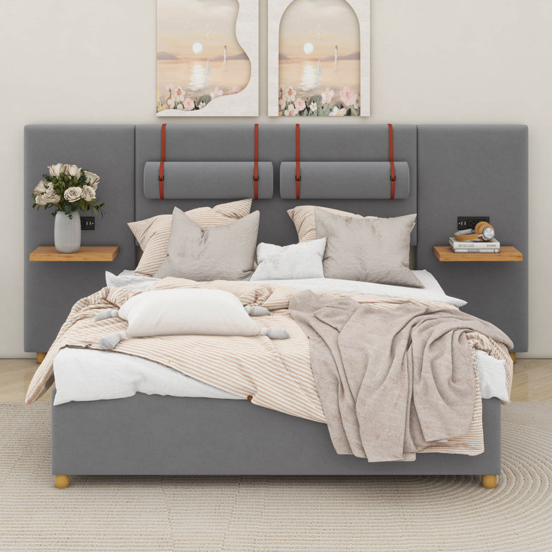 Lit plateforme tapissier à deux prises, gris, Grand