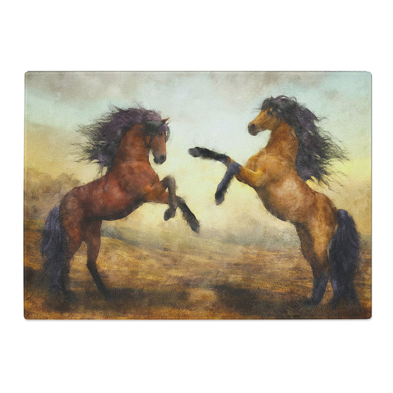 Tempered Glass Two Wild Stallion Horses Painting Chopping Board, 20 cm x 28.5 cm