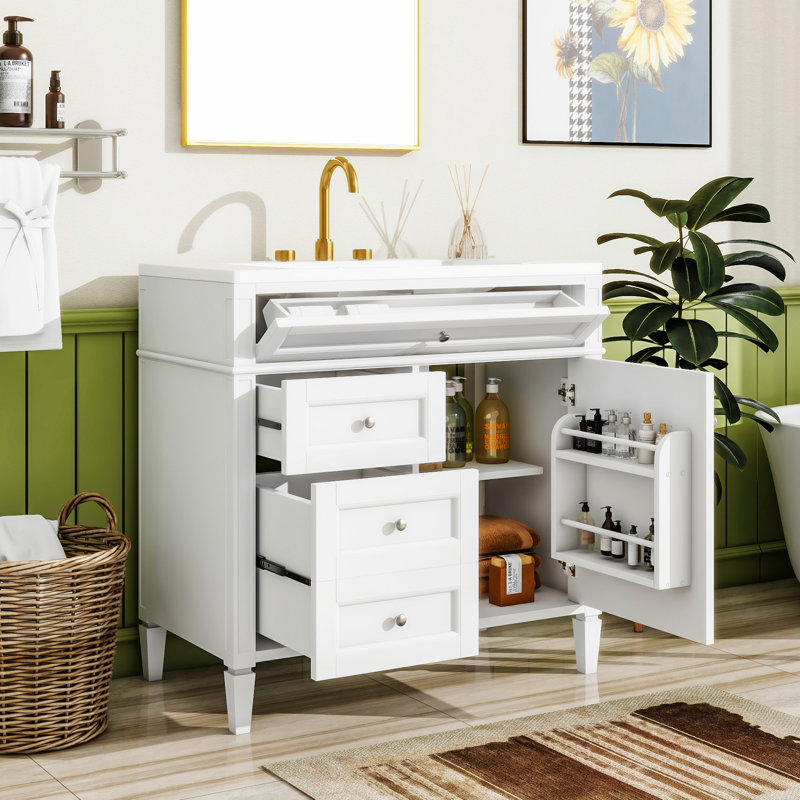 36'' Bathroom Vanity With Top Sink, Blanc, Argent argent