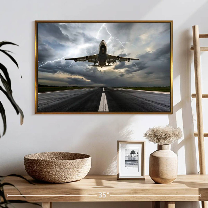 Tempête de piste d’avion, 25 po x 17 po, Cadre flottant doré