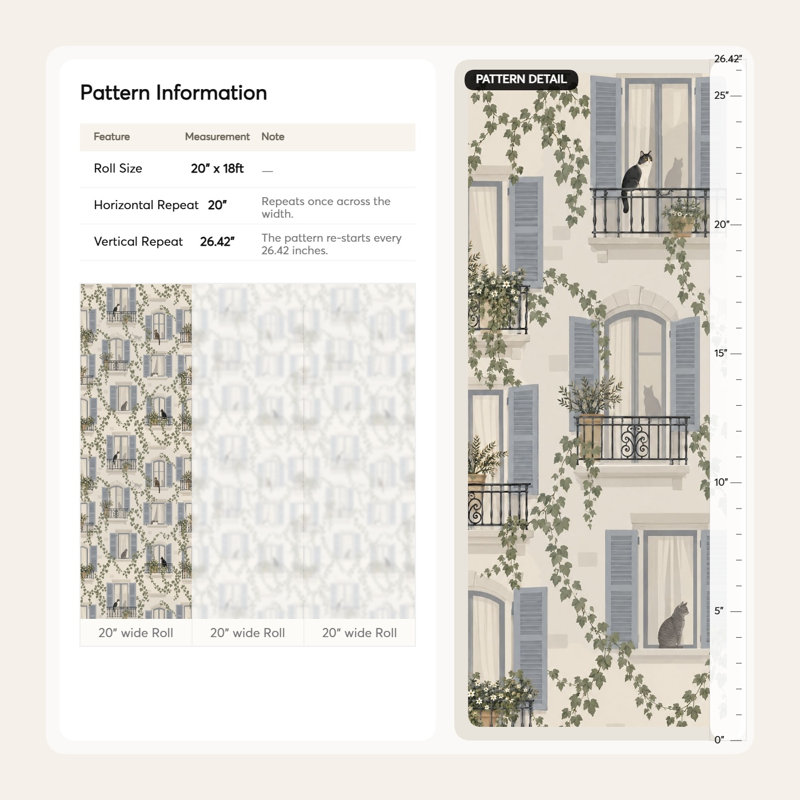 Papier peint pour fenêtres d'appartement parisien, motif de chats et de lierre, Non-Woven Non-Pasted