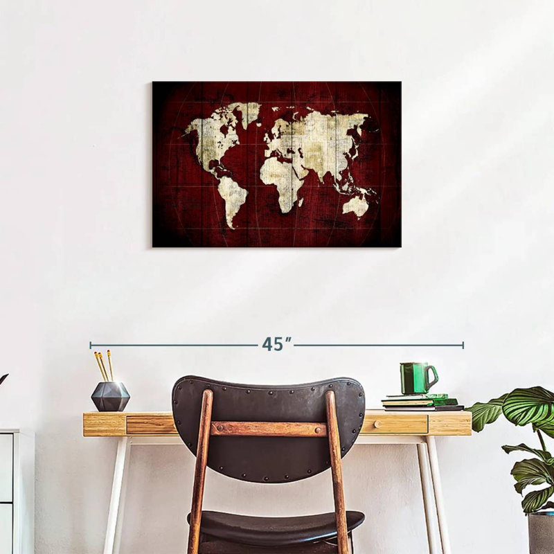 «White on Red World Map», reproduction sur toile, H 20 po x l 30 po x P 1,25 po