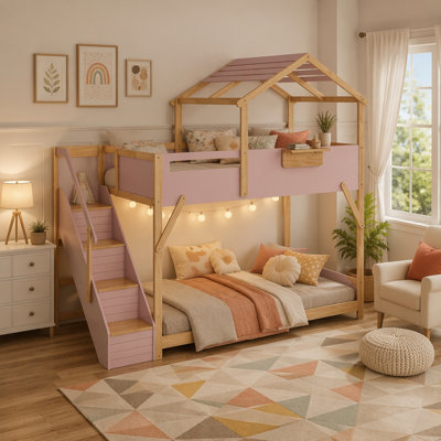 House Bunk Bed with Stairs and 3-Color LED Lights, Perfect for Modern and Whimsical Bedrooms