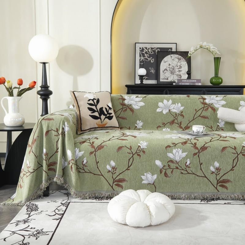 Cotton Box Cushion Sofa Slipcover, Green/Brown/White Floral