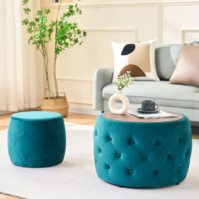 2 repose-pieds gigognes en velours bleu, 41 fonctionnalité, banc de rangement, tabouret de pieds, plateau en bois, espace, sans assemblage, fermeté moyenne, polka, caractéristique de style moderne 2, repose-pieds, table basse,