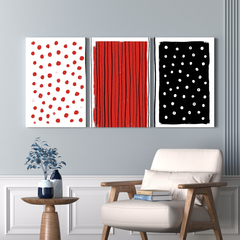 Ensemble de 3 tableaux sur toile tendue à pois rouges et à rayures, à pois noirs et blancs, H 18 po x l 36 po