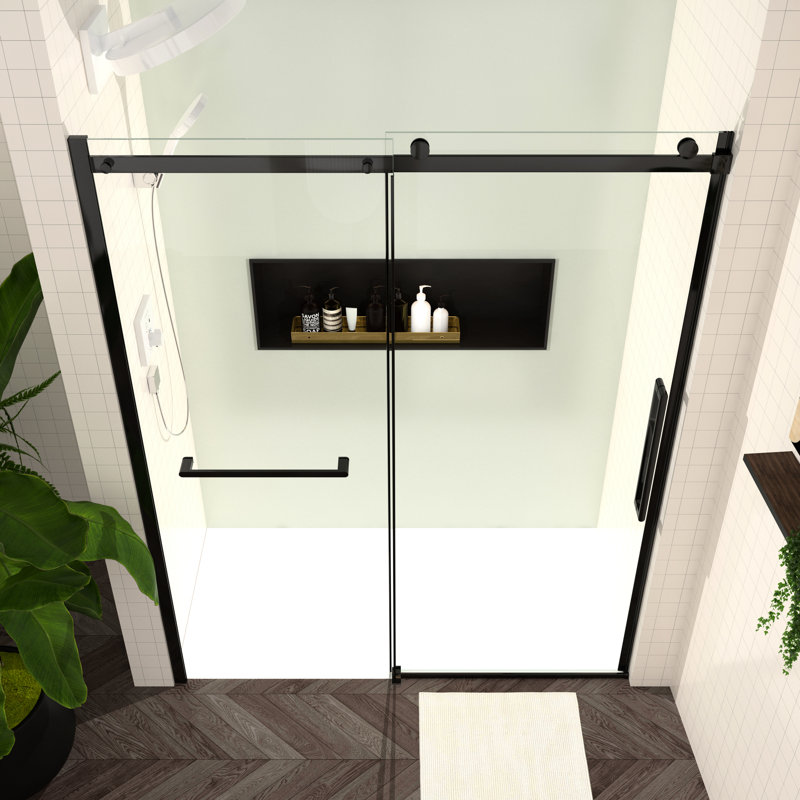 56 - 60"w X 76"h Sliding Shower Enclosure, Tempered Glass, Matte Black Fixtures, Smooth Gliding Mechanism, Low Maintenance, Bathroom Stylish Door 76"h, Hinges, Track, Easy Clean Finish, Redesign