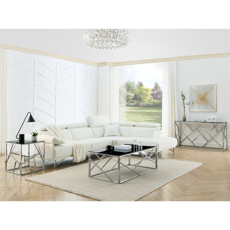 Table basse rectangulaire avec plateau en verre trempé et structure en acier inoxydable