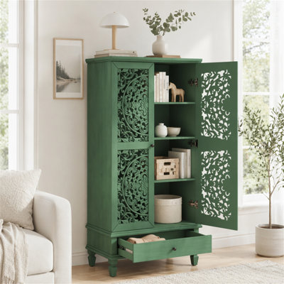 Armoire de rangement rustique de 55 po de hauteur avec tiroir, armoire décorative en bois sculpté à 2 portes avec pieds en bois massif pour le salon, le couloir et la salle à manger