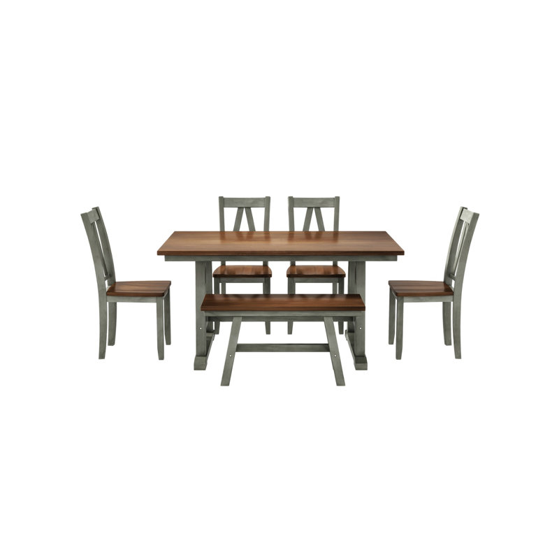 6-piece Farmhouse Wood Dining Table Set, Kitchen Table With Long Bench & 4 Dining Chairs, Walnut + Gray, Rustic Style