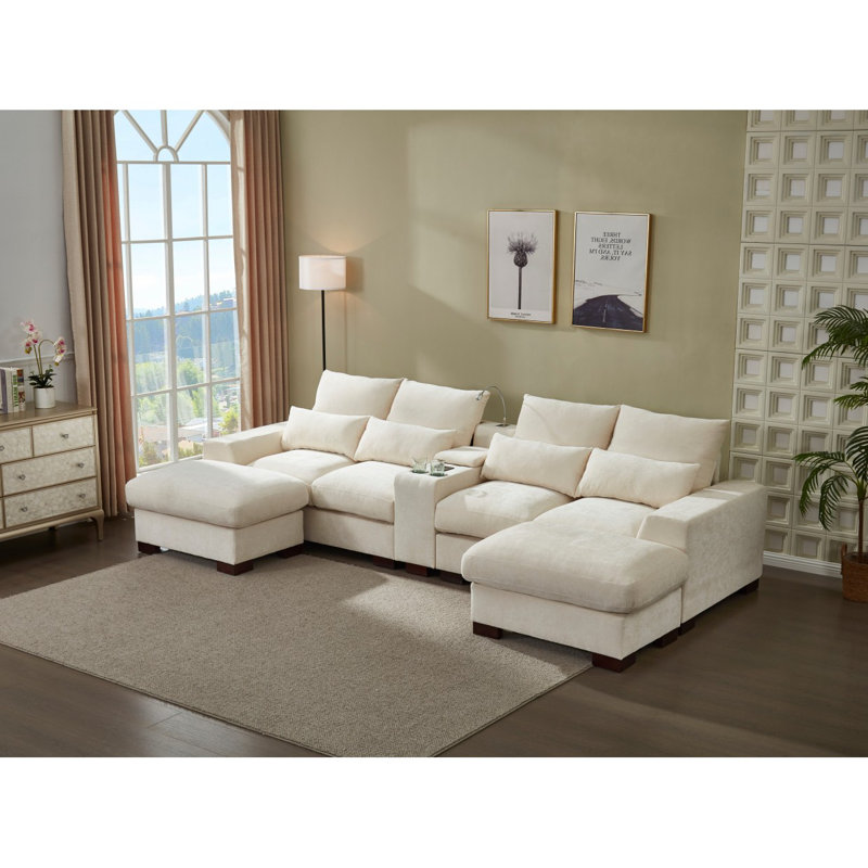 Canapé modulaire moderne avec port USB et porte-gobelet pour le salon, Beige