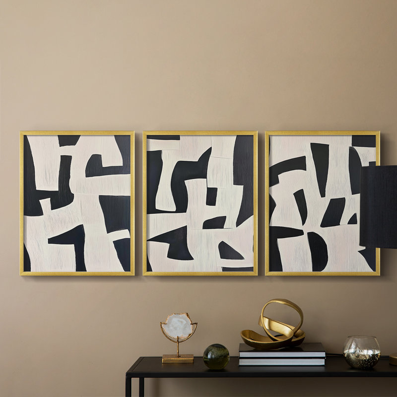 Abstract  Series  CXCV  -Set Of 3 Framed Giclee Prints -Ready to Hang, Gold, 28" H x 66" W