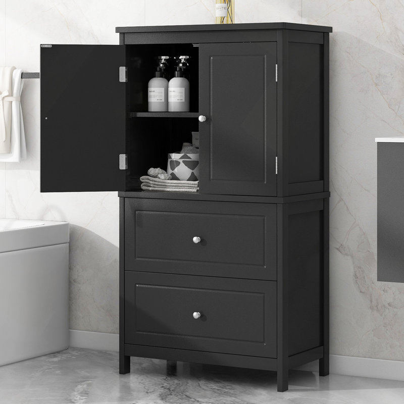 Armoire de rangement pour salle de bain, armoire avec deux portes et tiroirs, tablette réglable, panneau de fibres à densité moyenne
