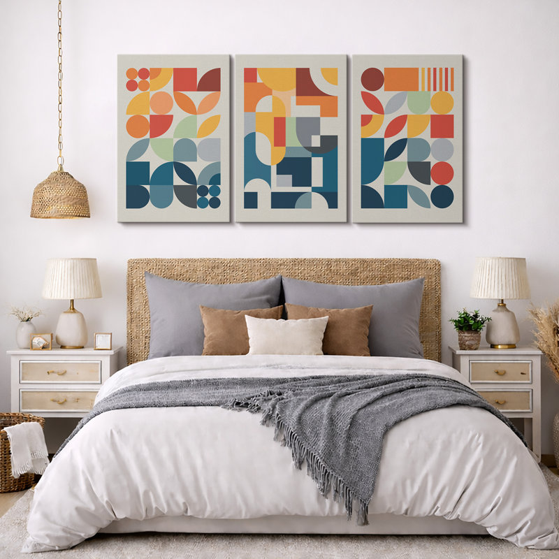 Abstrait, couleurs vives et abstraites «Œuvre abstraite et audacieuse bleu orange contemporain, images bohémiennes modernes de style Mid-Century, 3 pièces, impression numérique sur toile, impression numérique sur toile giclée»