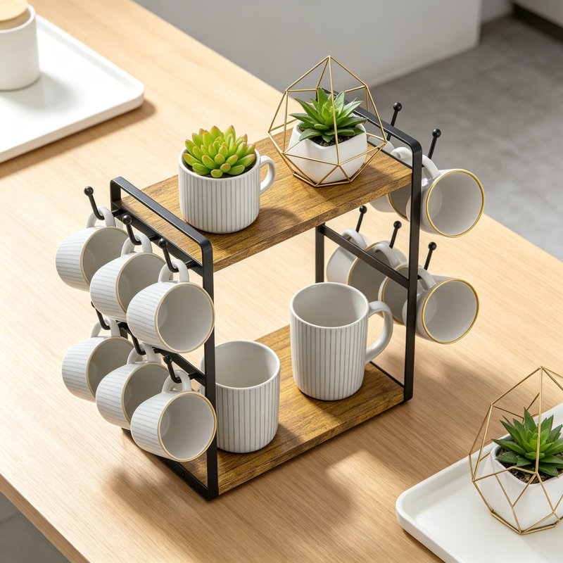 Organisateur de station de café à 2 niveaux avec porte-gobelet et 12 crochets, support à tasses pour la cuisine ou le bureau, tablette de rangement pour dosettes et accessoires