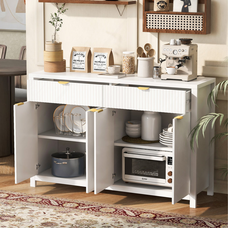 Sideboard Modern 55.1" Buffet Cabinet With 2-Drawers And 4-Doors, Adjustable Shelves, Wave-Pattern Design, Aluminum Handles, Painted Mdf, Scandinavian Storage