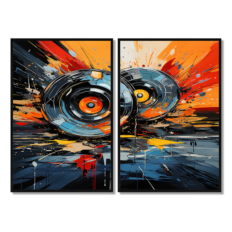 «Vintage Vinyle Music Serenade II», 2 disques vinyle, 36" H x 48" W, Framed Print without Mat, Black