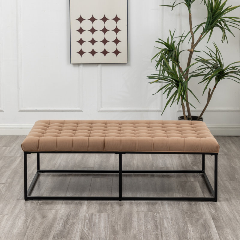 56" Rectangle Tufted Cocktail Ottoman Bench With Sturdy Metal Base, Upholstered Accent Furniture For Living Room, Beige