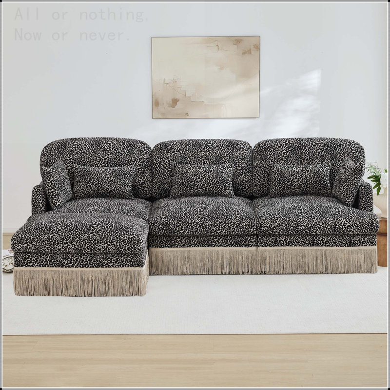Canapé modulaire en chenille à imprimé léopard, 3 Seat L-Shaped, Chenille kaki