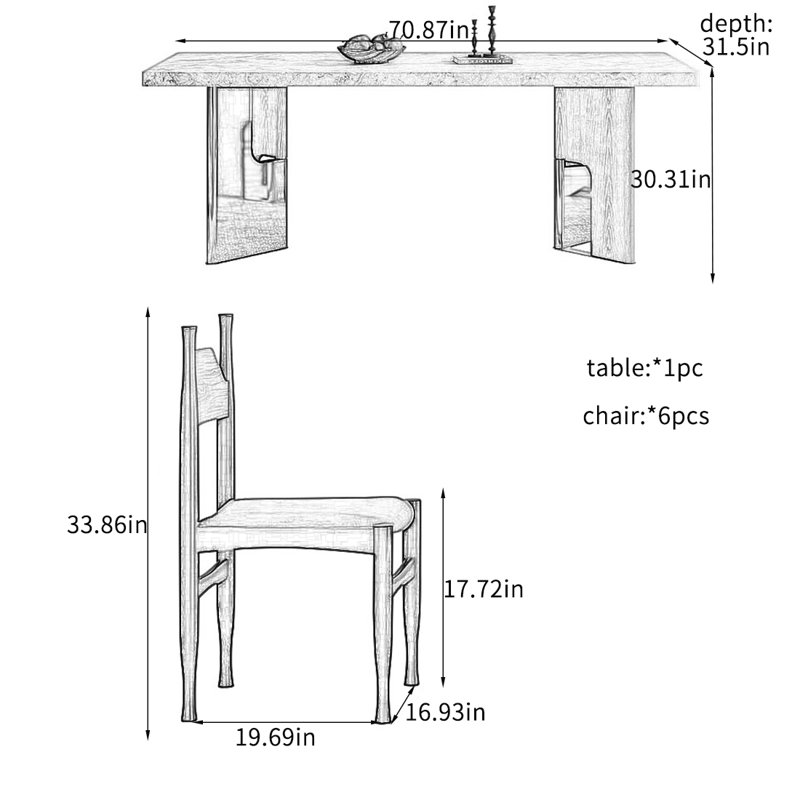 Ensemble de table et chaises Vintage Rock Plate., H 30,31 po x L 70,87 po x l 31,5 po