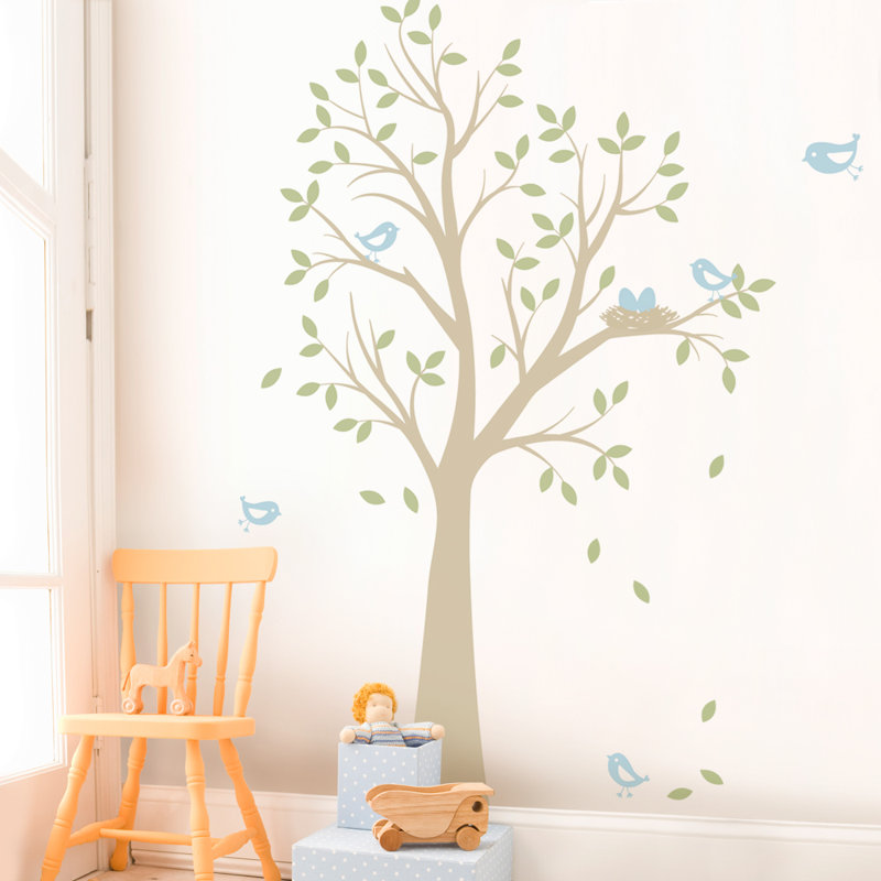 Décalcomanie murale arbres avec oiseaux et nid, Brun pâle