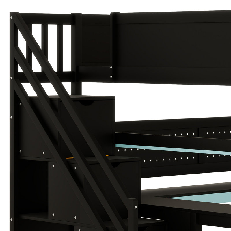 Lit mezzanine en bois avec escalier de rangement, bureau, tablettes et panneau perforé, Lit double, Noir / Bleu