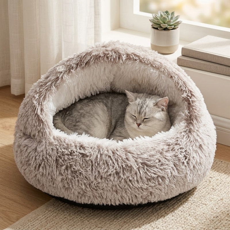 Lit pour chat à capuche moelleux et apaisant, nid de grotte auto-chauffant, douchette confortable pour chats d'intérieur ou petits chiens, anse lavable amovible avec base antidérapante