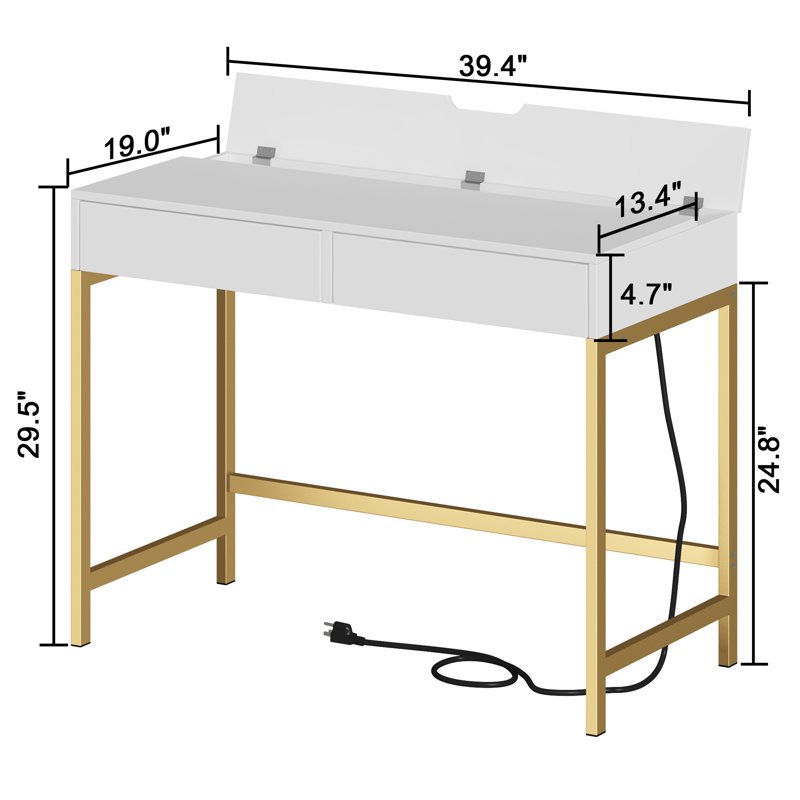 39.4" W White & Gold Computer Desk with USB Porting, 2 Drawers - Home Office & Bedroom, Gold, 29.7" H x 39.4" W x 18.9" D