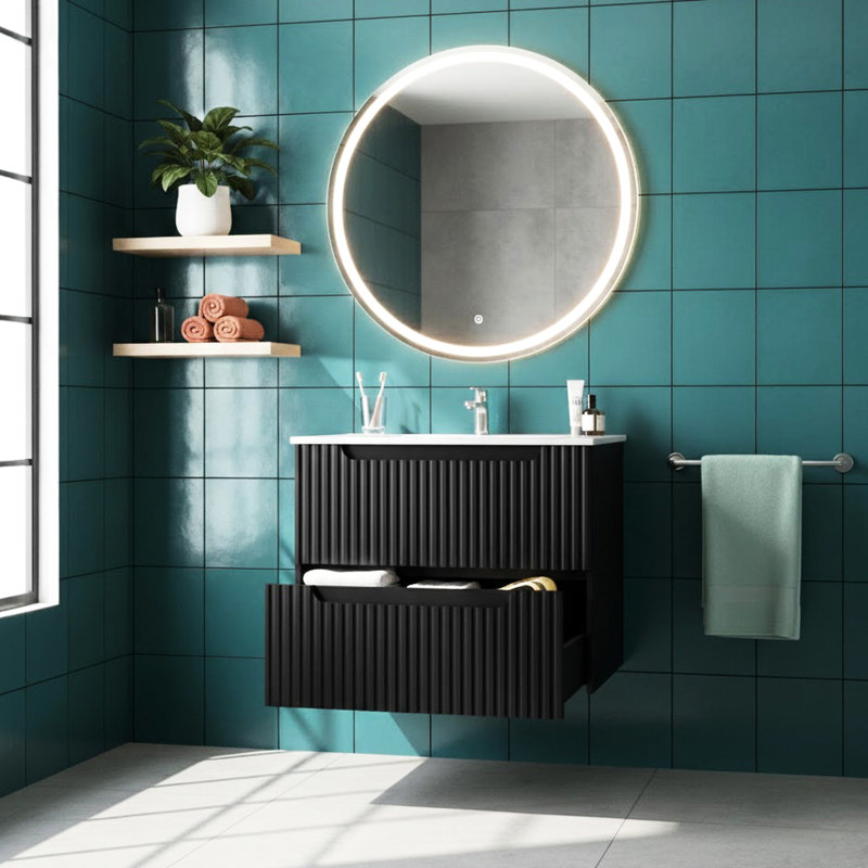 Meuble-lavabo suspendu de 61 cm (24 po), fixé au mur avec lavabo, noir, système de fermeture amortie, meuble-lavabo au style épuré et ouvert, gain d'espace au sol