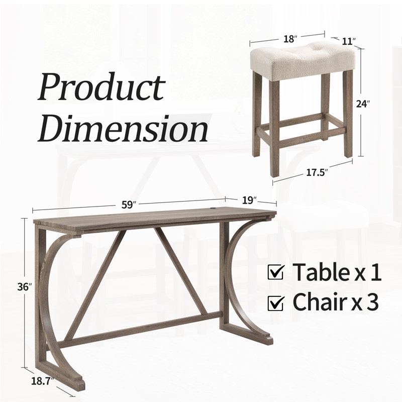 Ensemble de table de bar 4 pièces en bois massif avec charge USB, Crème, crème, Brun / Beige