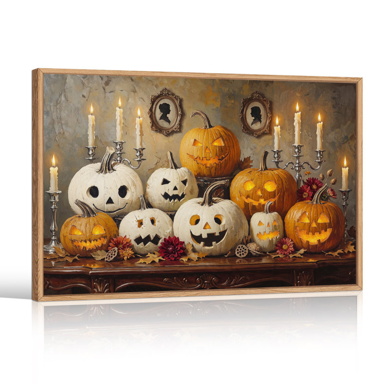 Art mural sur toile sculpté citrouilles orange et blanches avec bougies allumées, 32"H x 48"W