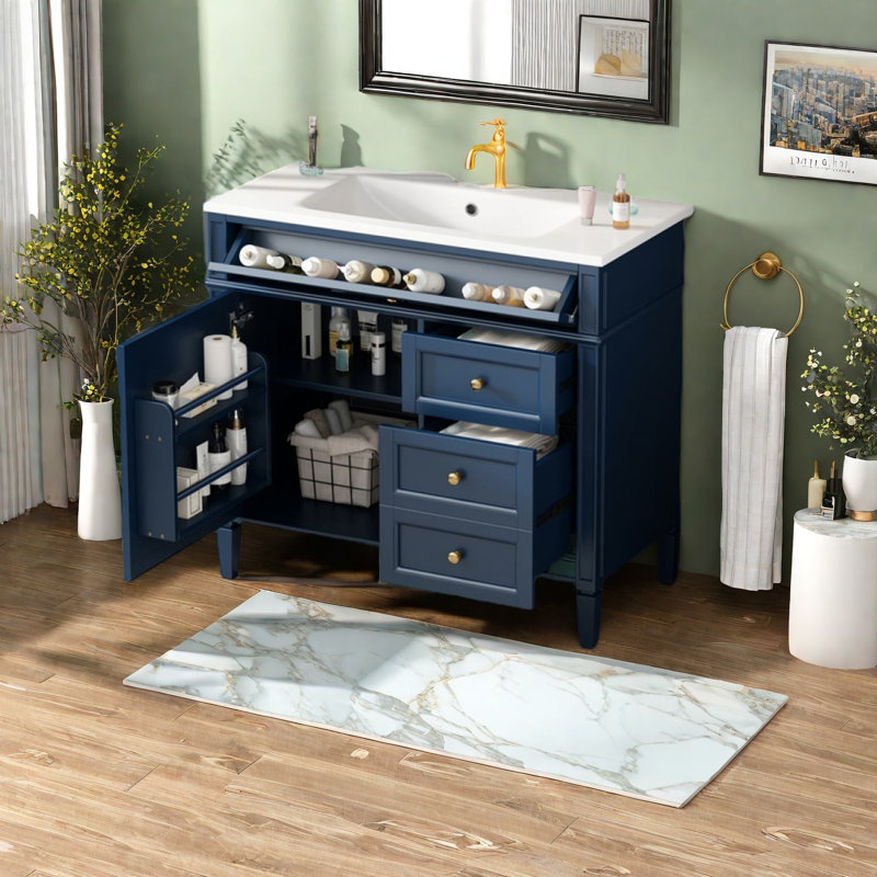 Meuble-lavabo spacieux en bois bleu moderne avec lavabo 36 po
