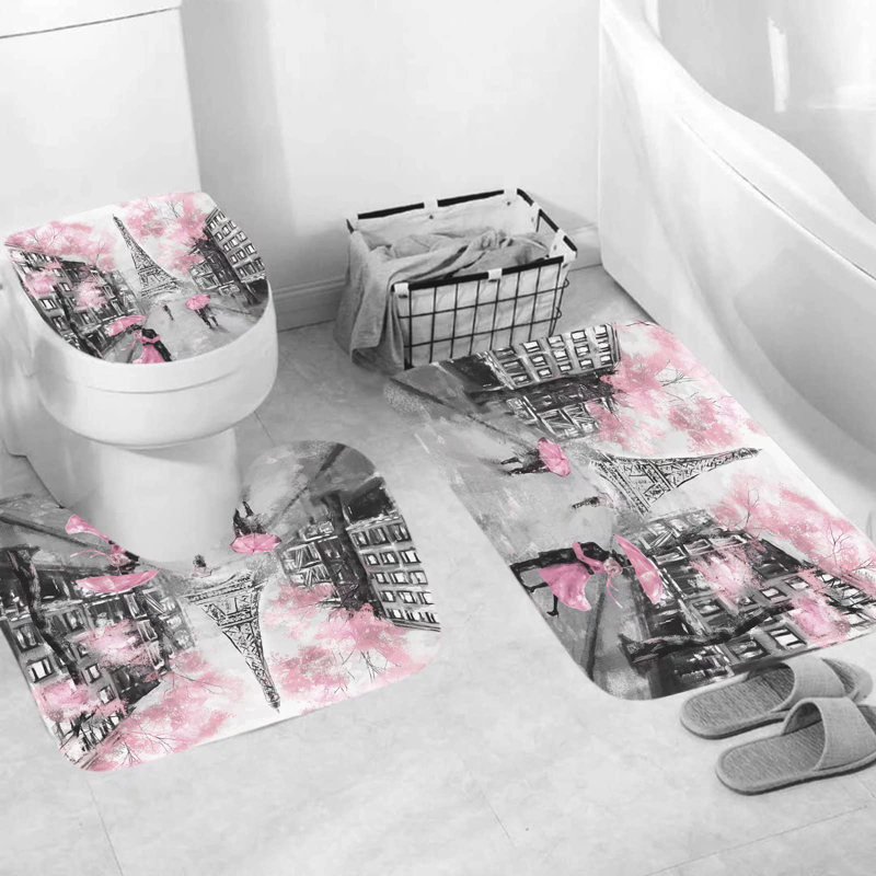 Ensemble de rideau de douche rose 4 pièces Paris Eiffel
