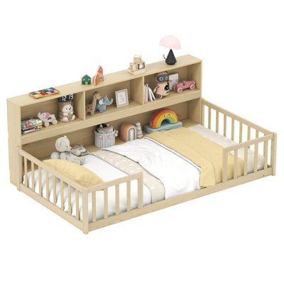 Twin Size Montessori Floor Bed with Bookcase Storage Shelves & Safety Fence Rails Natural