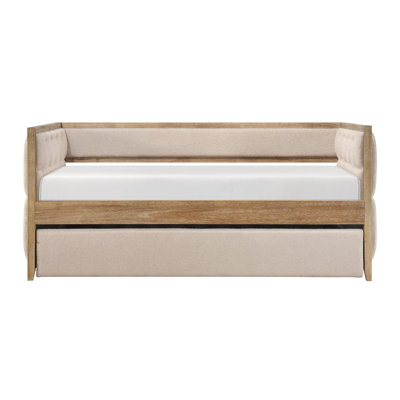 Modern Daybed With Pull-Out Trundle Beige Boucle Tufted Bedroom Living Room Transitional Style Furniture Natural Finish
