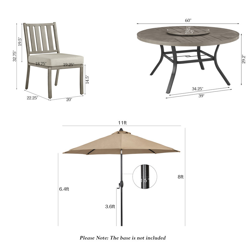 Azur Patio Round 60" Dining Set With Removable Lazy Susan, Sunbrella Cushions And Sunbrella® Umbrella