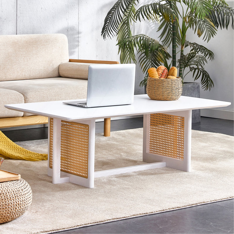 Table basse rectangulaire en bois massif et imitation rotin de style chinois