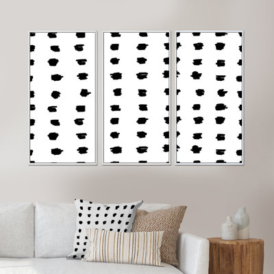 Motif géométrique de pois noirs sur fond blanc - ensemble de 3 toiles encadrées