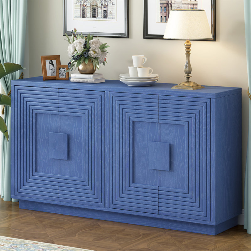 Buffet rétro vieilli à 4 portes avec tablettes réglables et motif géométrique pour un rangement polyvalent