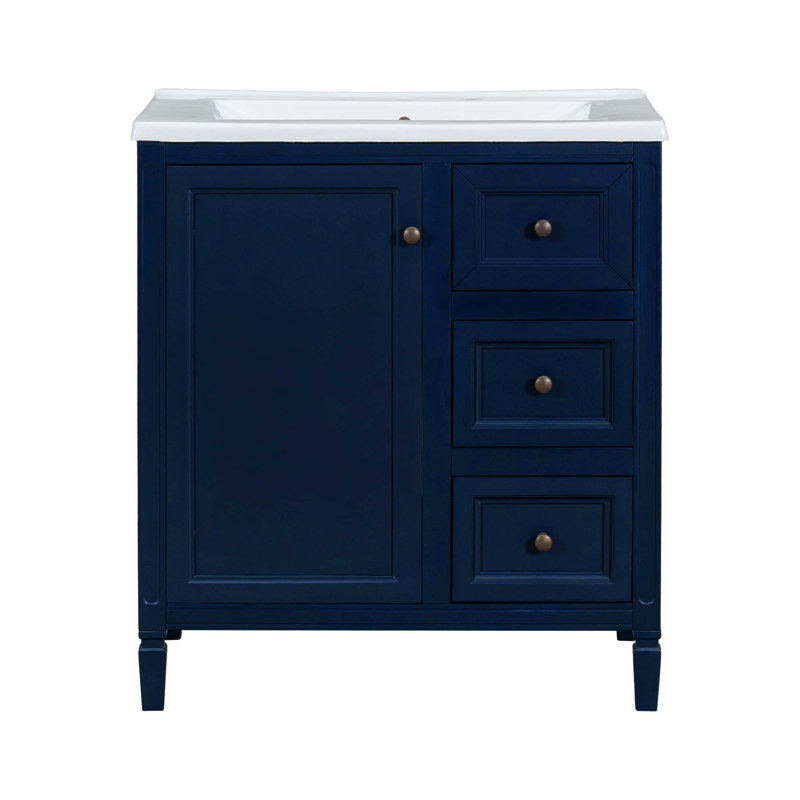Meuble-lavabo de 30 pouces avec lavabo en résine, trois tiroirs et deux tablettes de porte, Bleu