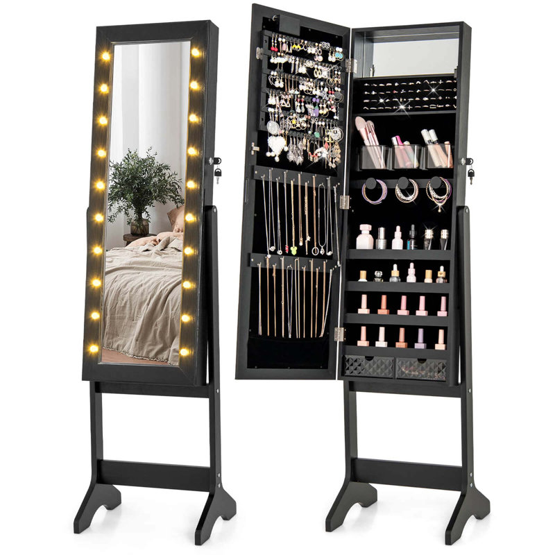 Led Mirror Jewelry Cabinet With 20 Led Lights Full-length Mirror Adjustable Angles, Black