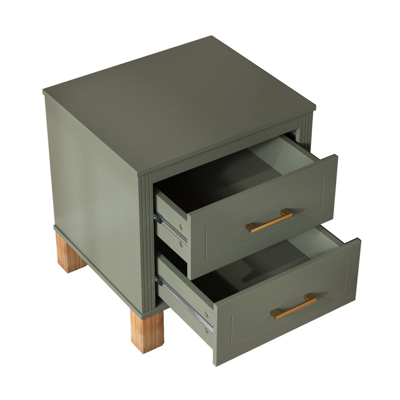 Table de chevet 2 tiroirs Traditional avec pieds en bois massif, Olive, Individual