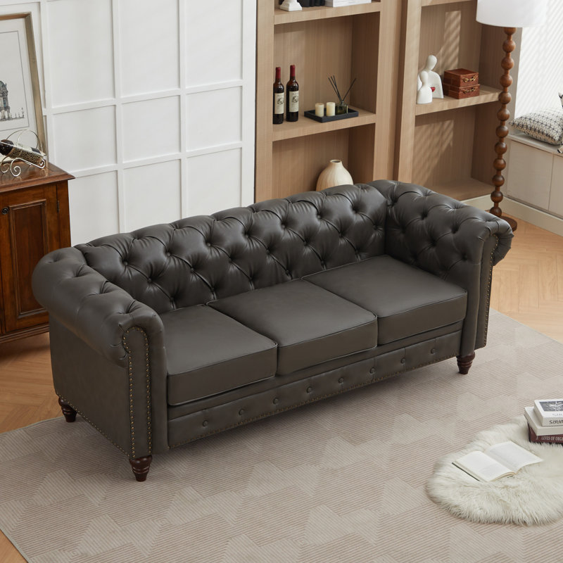 84.25'' Faux Leather Sofa With Rolled Arm, Gray