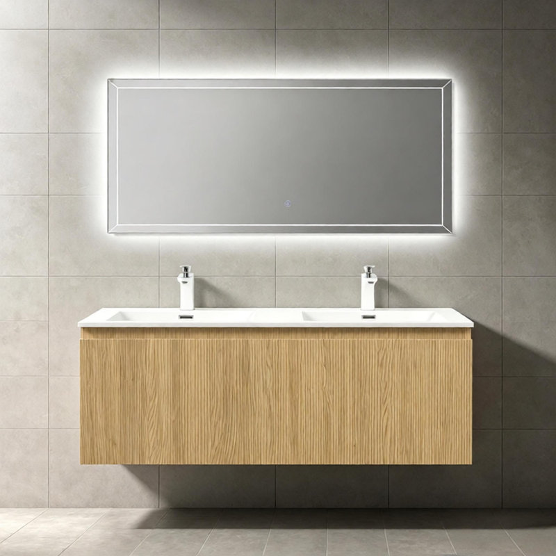 Meuble-lavabo suspendu double vasque de 122 cm (48 po) avec rangement dissimulé et armoire sous-vasque contemporaine, chêne jaune