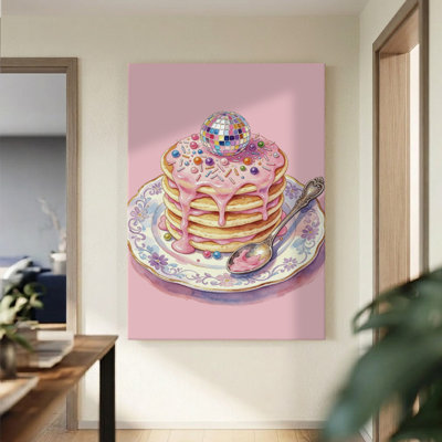 Tableau aquarelle ludique « Crêpes et boule disco », impression sur toile tendue sur châssis, 61 x 91 cm, rose et or, idéal pour un brunch festif dans la cuisine, la salle à manger ou le bar.