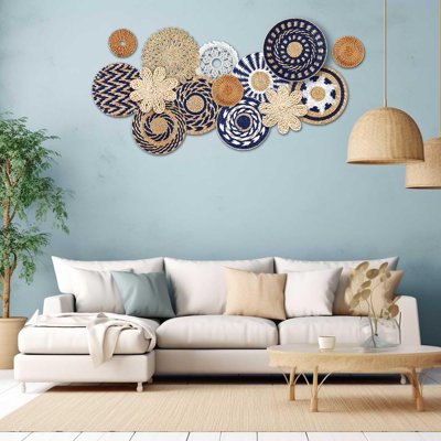 15 Pcs Boho Wall Basket Decor Handcrafted Seagrass Woven Wall Basket Rustic Round Woven Hanging Art for Home Farmhouse Kitchen Table Living Room(Blue Classic Style)