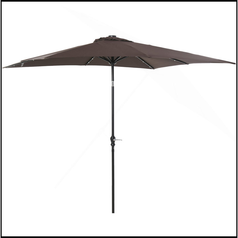 Parasol sophistiqué solaire de 9 pi x 7 pi, parasol de patio éclairé à DEL pour table ou base avec inclinaison et manivelle, parasol d'extérieur pour jardin, terrasse, cour, piscine, plage, brun