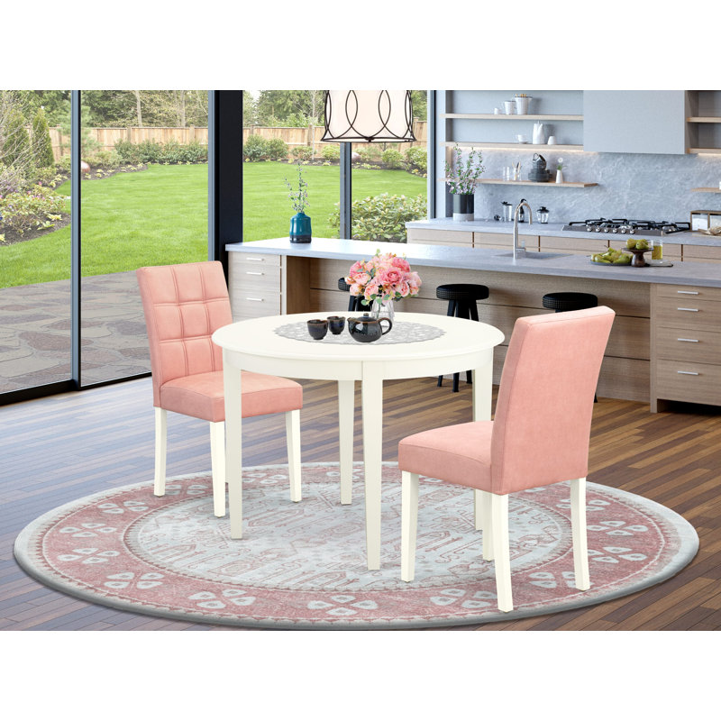 3 Piece Dining Table Set contain A Dining Table and 2 Beige Red Polyester Fabric Dinner Chairs with Stylish Back- Linen White Finish